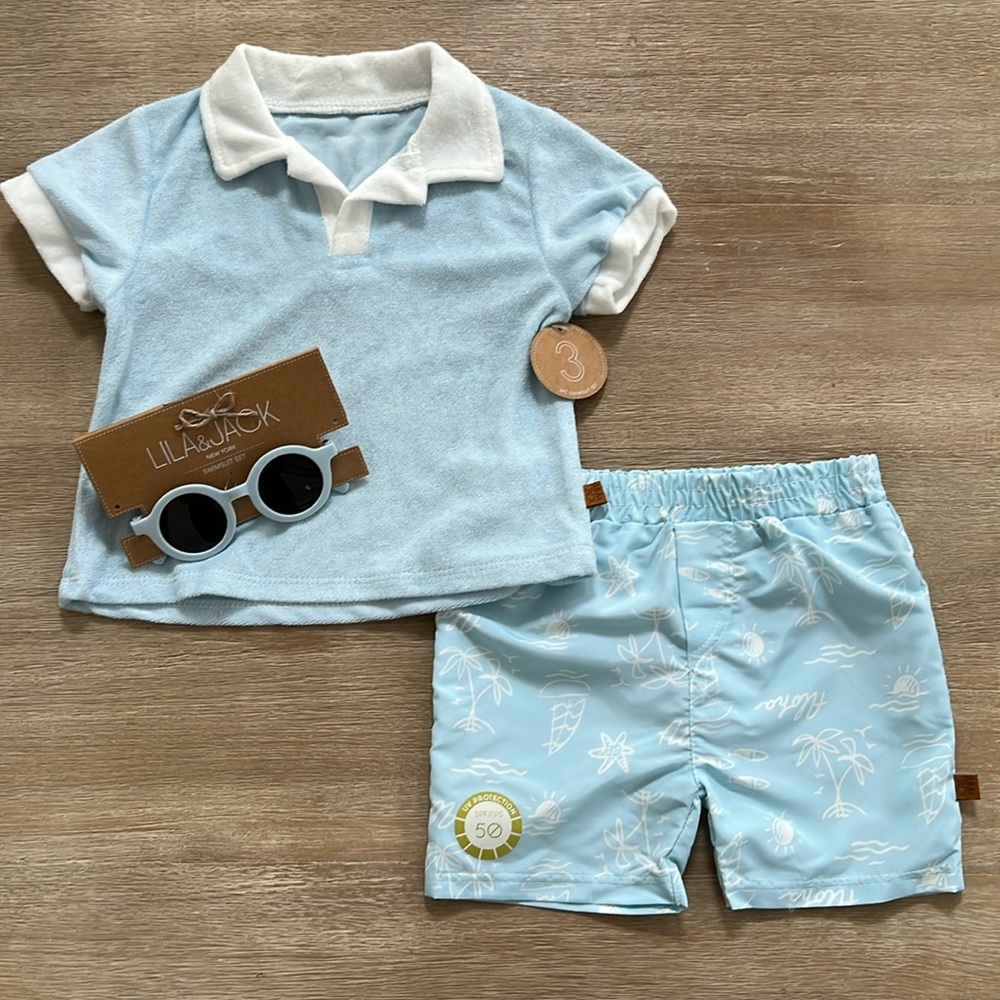 Lila & Jack Toddler Boy Swim 3 Piece Set Shirt Trunks Sunglasses 2T 3T 4T